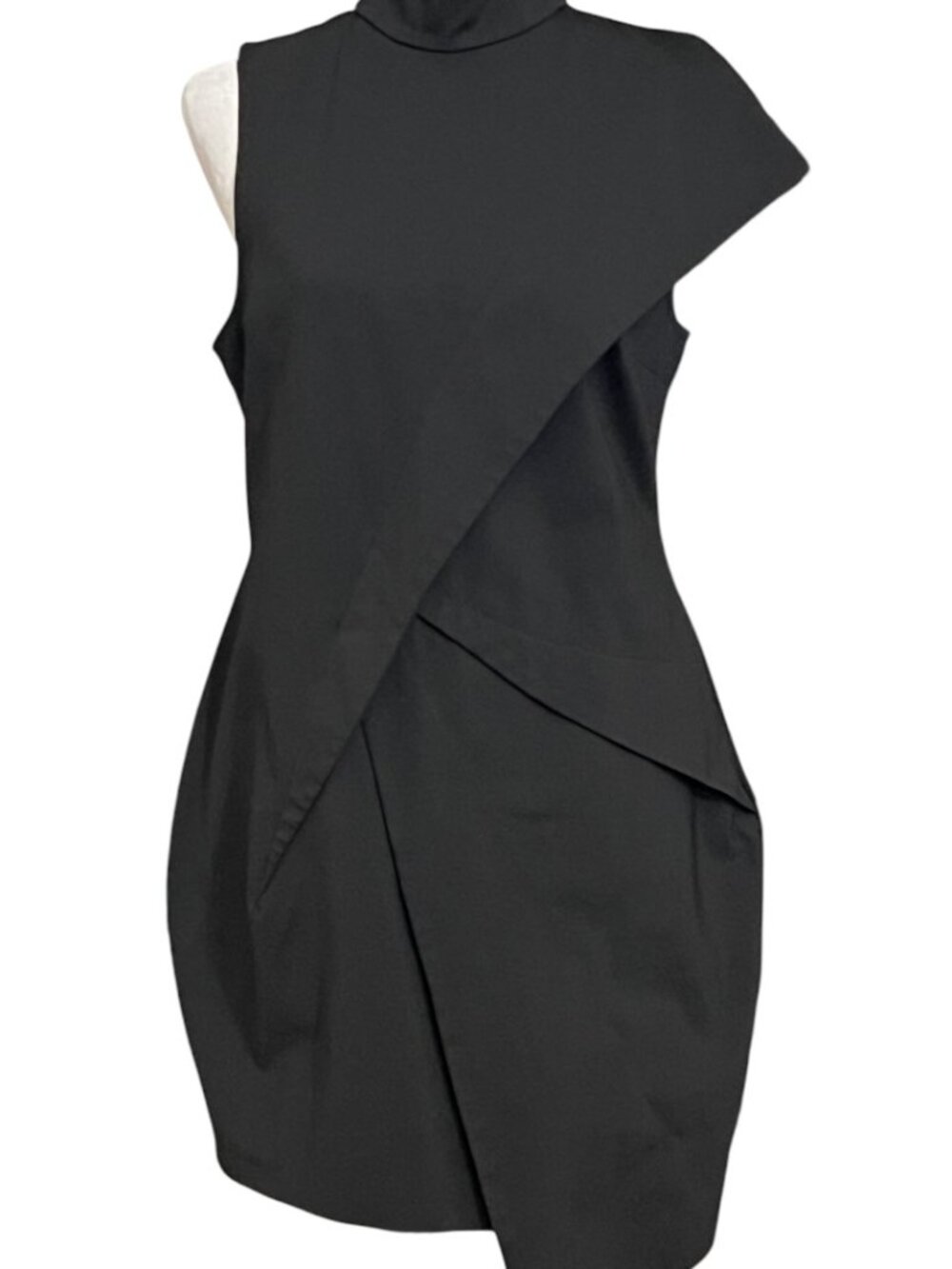 AQ/AQ Black Asymmetrical Dress Womens US 10 Mock Neck Sculptural Cocktail Midi